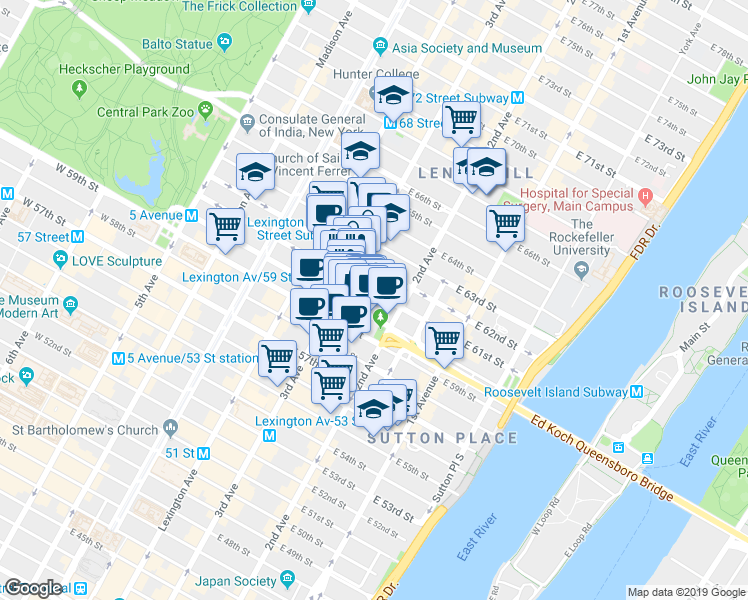 map of restaurants, bars, coffee shops, grocery stores, and more near 210A East 61st Street in New York