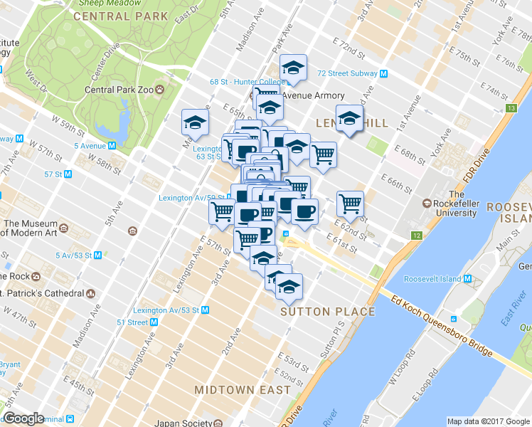 map of restaurants, bars, coffee shops, grocery stores, and more near 210A East 61st Street in New York