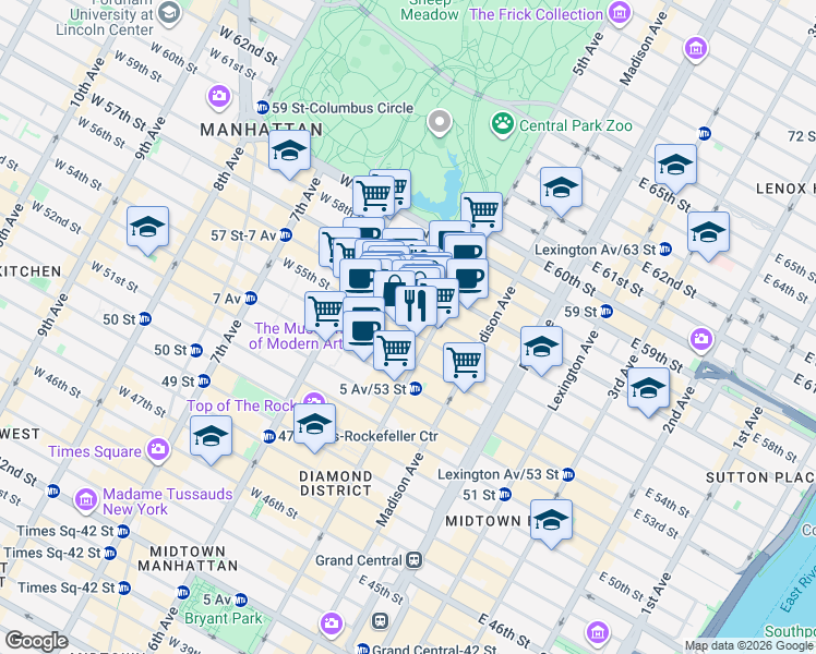 map of restaurants, bars, coffee shops, grocery stores, and more near 12 West 56th Street in New York
