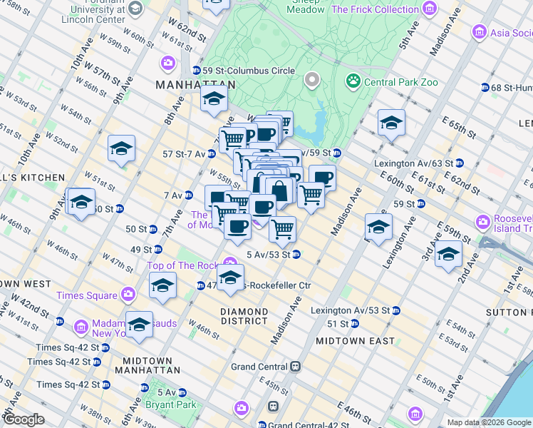 map of restaurants, bars, coffee shops, grocery stores, and more near 48 West 55th Street in New York