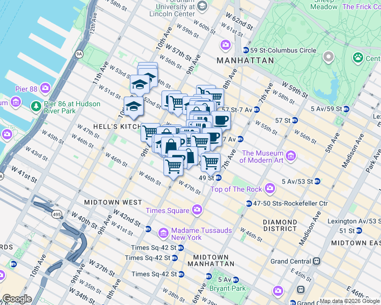 map of restaurants, bars, coffee shops, grocery stores, and more near in New York