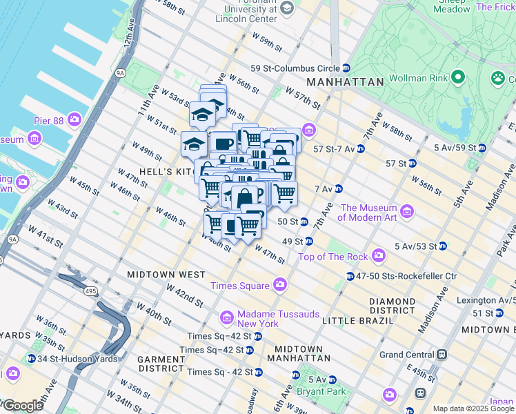 map of restaurants, bars, coffee shops, grocery stores, and more near 350 West 50th Street in New York