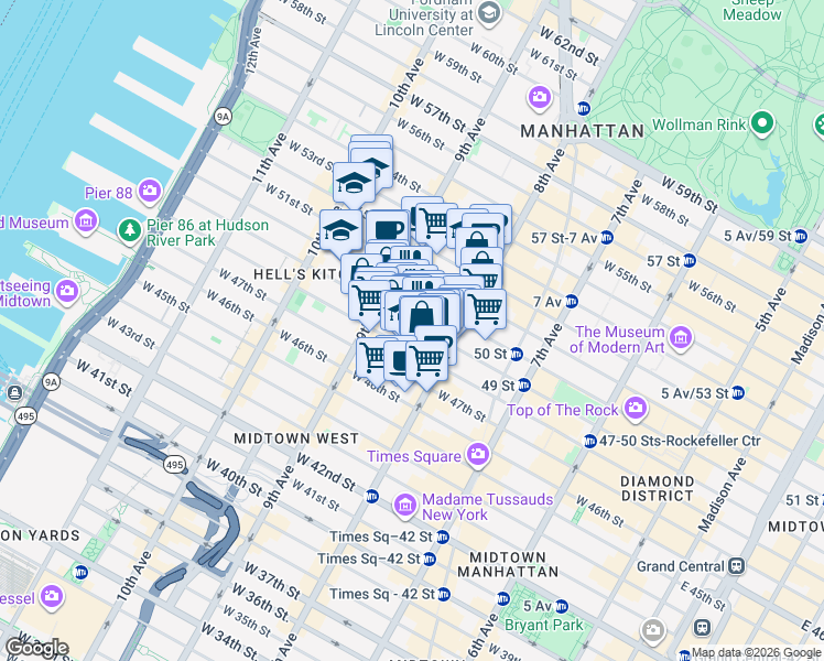 map of restaurants, bars, coffee shops, grocery stores, and more near 350 West 50th Street in New York