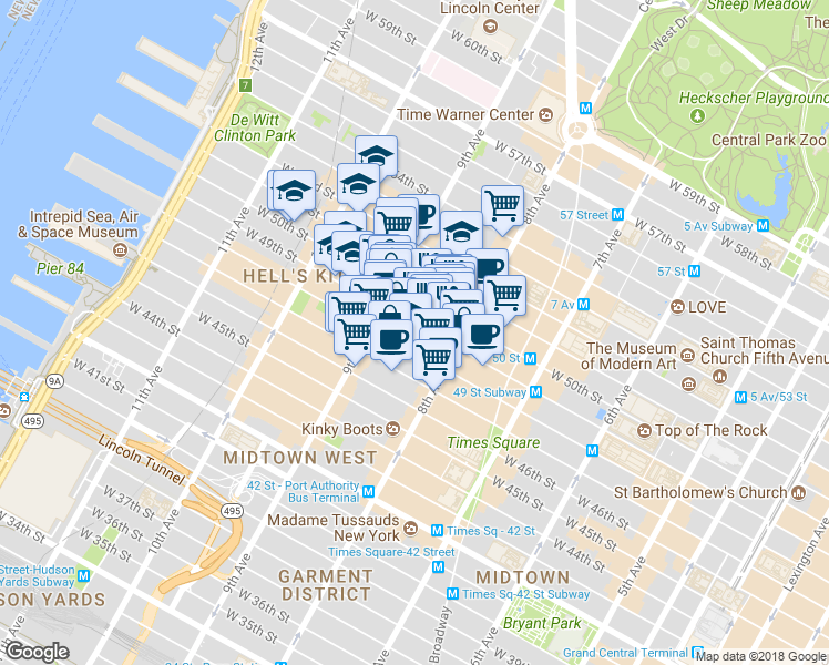 map of restaurants, bars, coffee shops, grocery stores, and more near 825 8th Avenue in New York