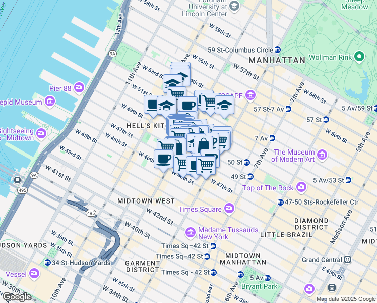 map of restaurants, bars, coffee shops, grocery stores, and more near 355 West 49th Street in New York