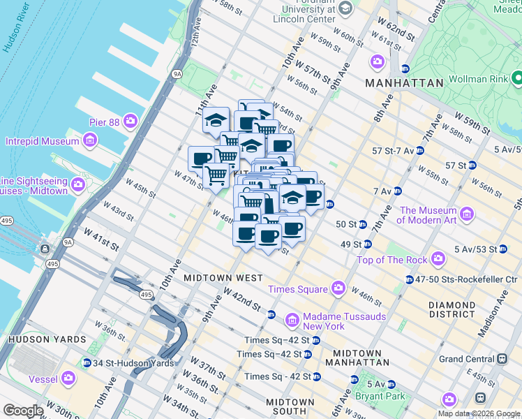 map of restaurants, bars, coffee shops, grocery stores, and more near in New York