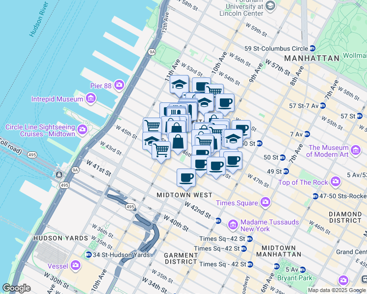 map of restaurants, bars, coffee shops, grocery stores, and more near 447 West 47th Street in New York