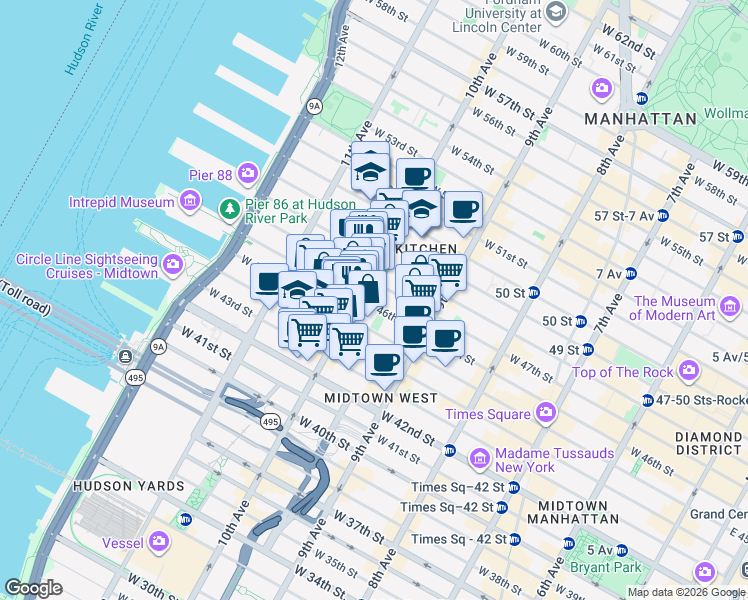 map of restaurants, bars, coffee shops, grocery stores, and more near 456 West 47th Street in New York