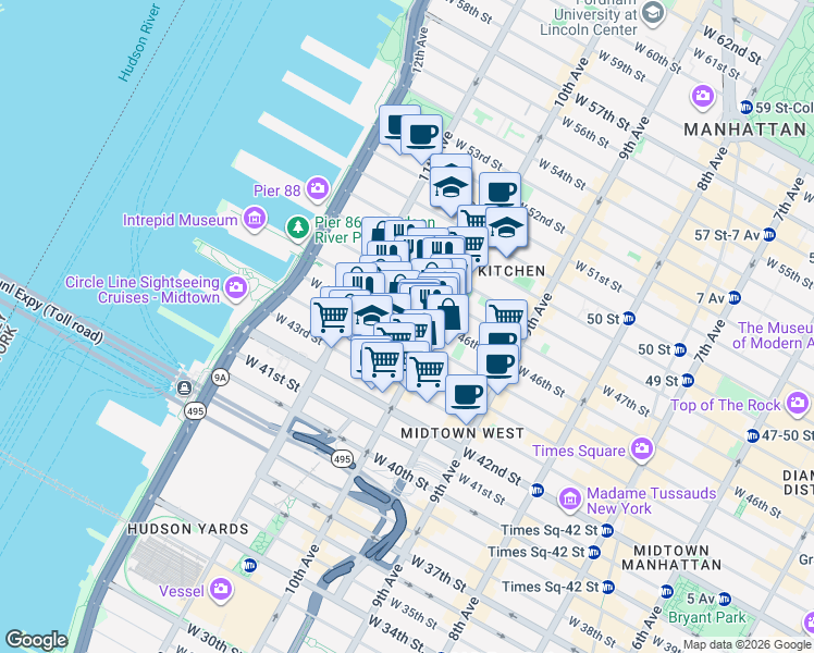 map of restaurants, bars, coffee shops, grocery stores, and more near 530 West 46th Street in New York