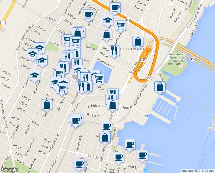 map of restaurants, bars, coffee shops, grocery stores, and more near 135 20th Street in Union City