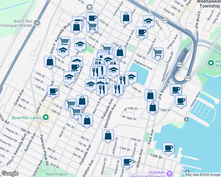 map of restaurants, bars, coffee shops, grocery stores, and more near 1700 New York Avenue in Union City