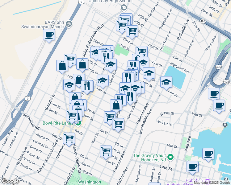 map of restaurants, bars, coffee shops, grocery stores, and more near 619 15th Street in Union City