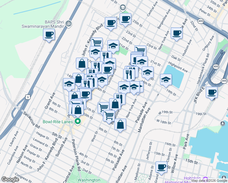 map of restaurants, bars, coffee shops, grocery stores, and more near 619 15th Street in Union City