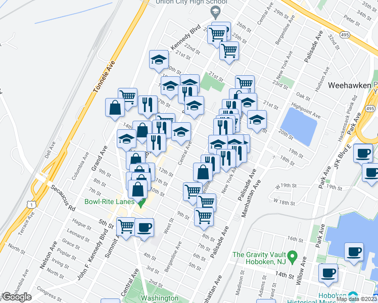 map of restaurants, bars, coffee shops, grocery stores, and more near 619 15th Street in Union City