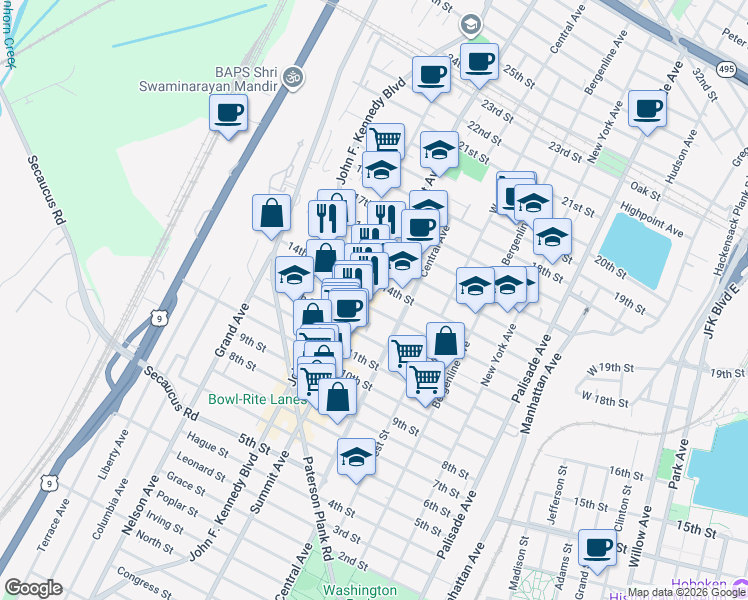 map of restaurants, bars, coffee shops, grocery stores, and more near 1311 Summit Avenue in Union City
