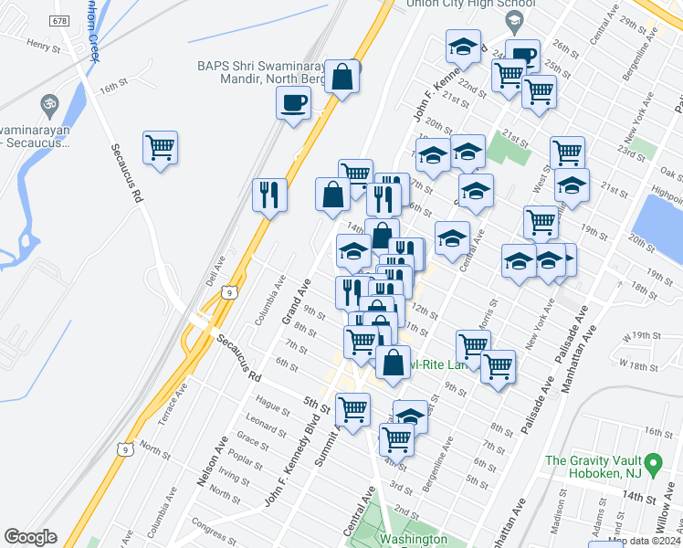 map of restaurants, bars, coffee shops, grocery stores, and more near 1302 12th Street in North Bergen