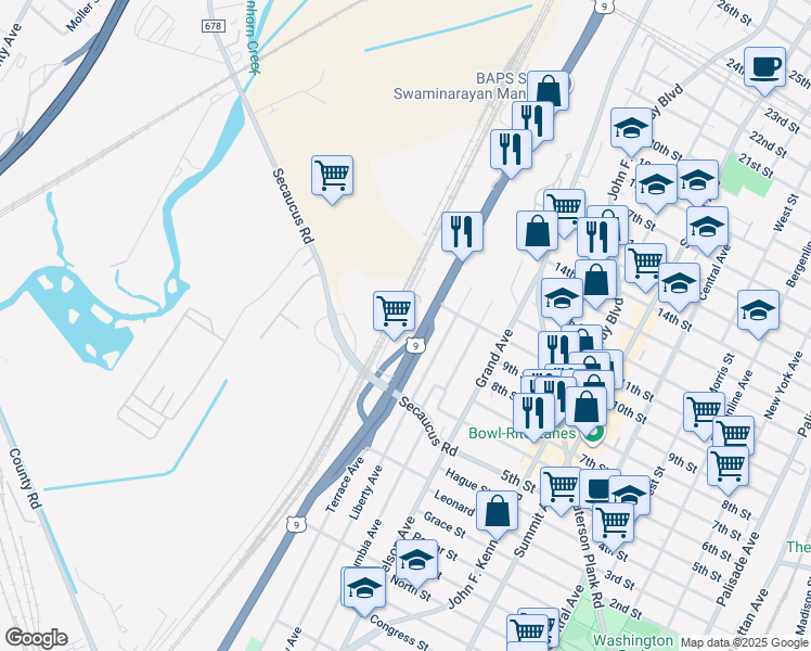 map of restaurants, bars, coffee shops, grocery stores, and more near 800 Dell Avenue in North Bergen