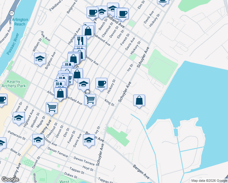 map of restaurants, bars, coffee shops, grocery stores, and more near 259 Hickory Street in Kearny