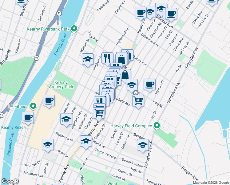 map of restaurants, bars, coffee shops, grocery stores, and more near 339 Kearny Avenue in Kearny