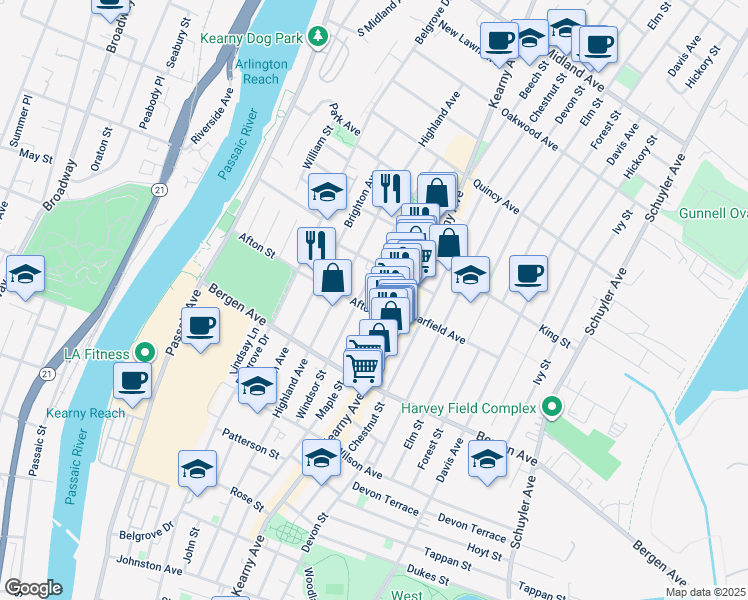 map of restaurants, bars, coffee shops, grocery stores, and more near 299 Maple Street in Kearny