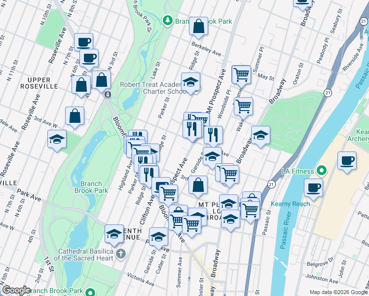 map of restaurants, bars, coffee shops, grocery stores, and more near 363 Clifton Avenue in Newark