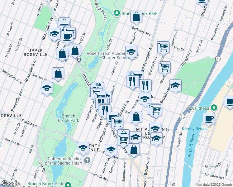 map of restaurants, bars, coffee shops, grocery stores, and more near 277 Ridge Street in Newark