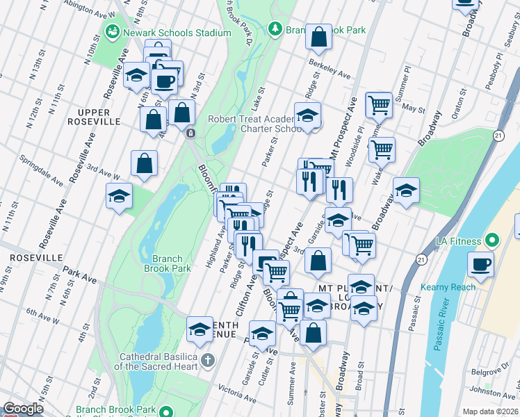 map of restaurants, bars, coffee shops, grocery stores, and more near 277 Ridge Street in Newark