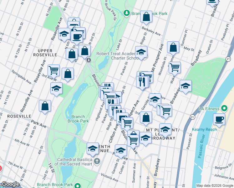map of restaurants, bars, coffee shops, grocery stores, and more near 266 Parker Street in Newark