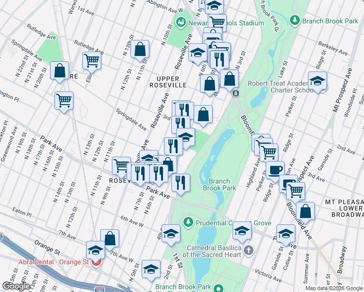 map of restaurants, bars, coffee shops, grocery stores, and more near 428 North 5th Street in Newark
