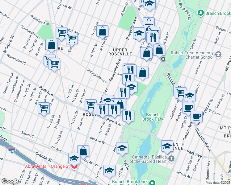 map of restaurants, bars, coffee shops, grocery stores, and more near 337-355 Roseville Avenue in Newark