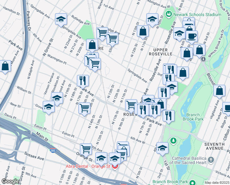 map of restaurants, bars, coffee shops, grocery stores, and more near 180 North 12th Street in Newark