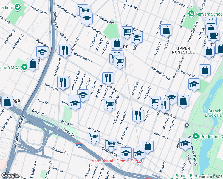 map of restaurants, bars, coffee shops, grocery stores, and more near 66 Park Avenue in East Orange