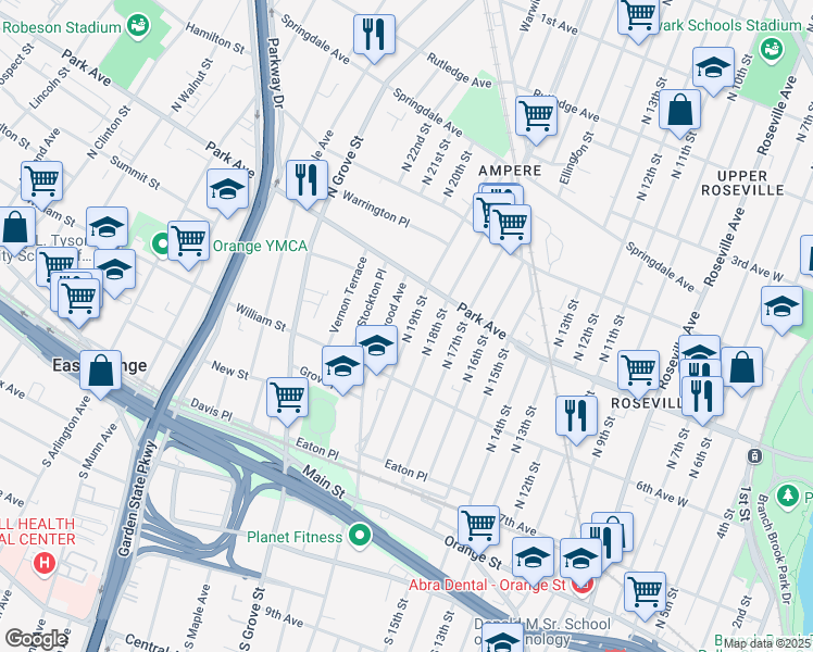 map of restaurants, bars, coffee shops, grocery stores, and more near 172 Greenwood Avenue in East Orange