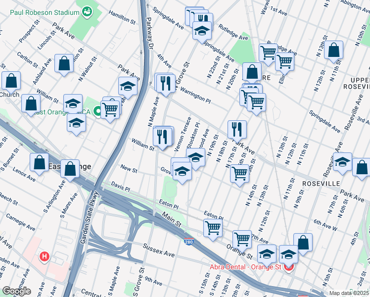 map of restaurants, bars, coffee shops, grocery stores, and more near 42 Stockton Place in East Orange
