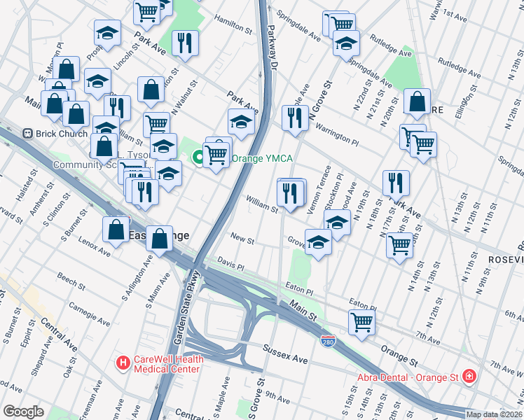 map of restaurants, bars, coffee shops, grocery stores, and more near 238 William Street in East Orange