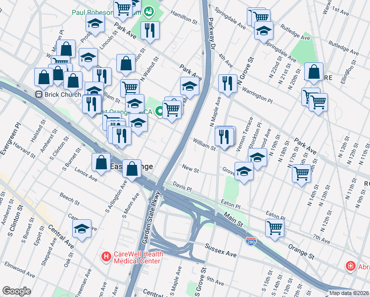 map of restaurants, bars, coffee shops, grocery stores, and more near in East Orange