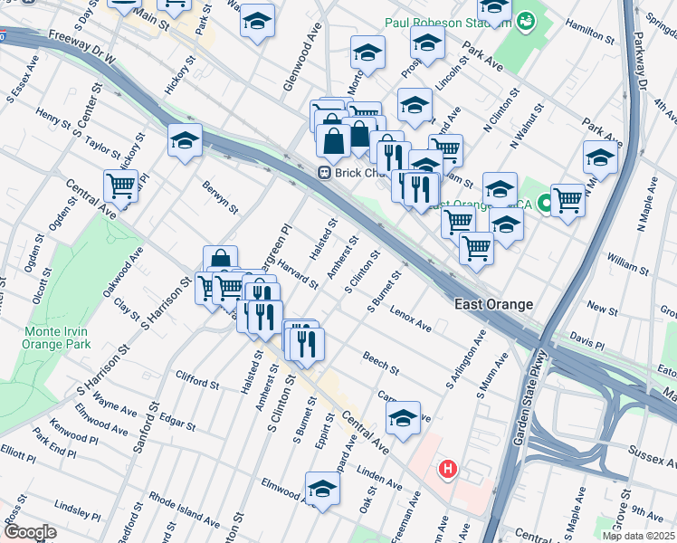 map of restaurants, bars, coffee shops, grocery stores, and more near 51 Amherst Street in East Orange