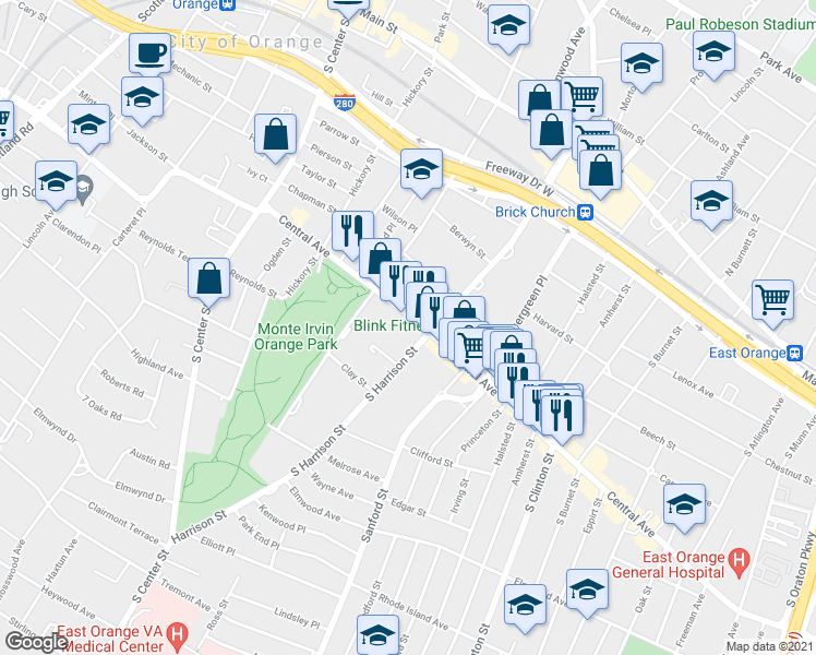 map of restaurants, bars, coffee shops, grocery stores, and more near 641 Central Avenue in East Orange