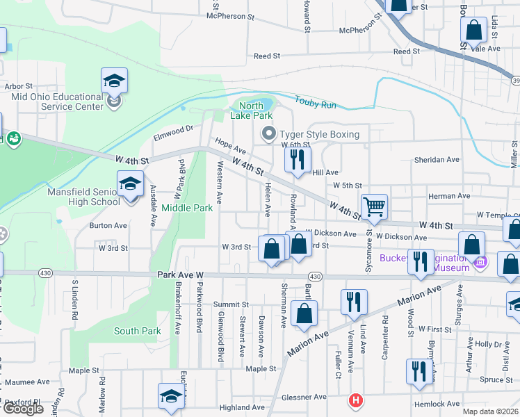 map of restaurants, bars, coffee shops, grocery stores, and more near 136 Rae Avenue in Mansfield