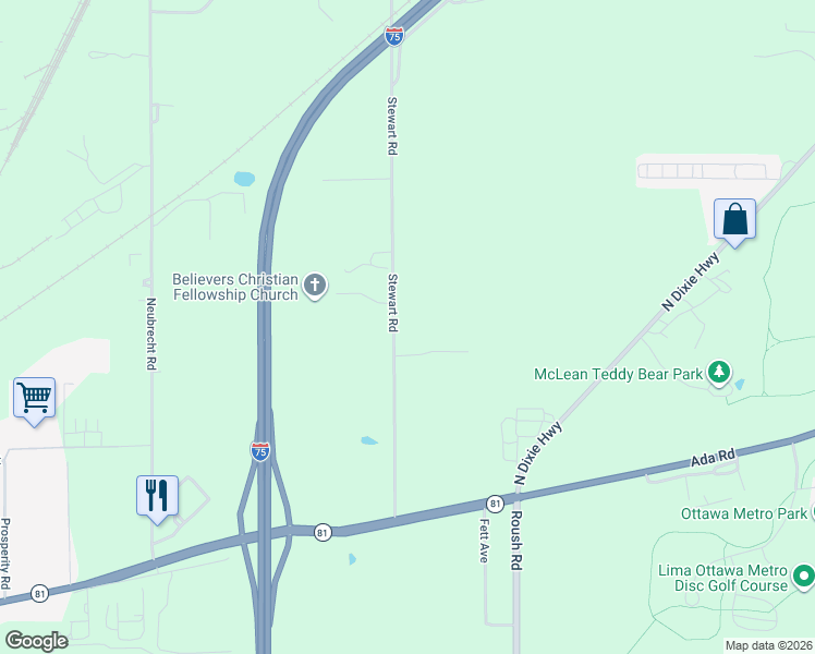 map of restaurants, bars, coffee shops, grocery stores, and more near 1675 Stewart Road in Lima