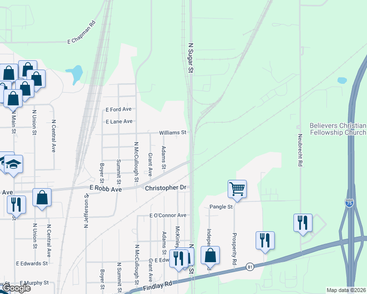 map of restaurants, bars, coffee shops, grocery stores, and more near 1615 North Sugar Street in Lima