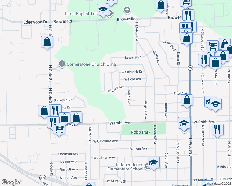 map of restaurants, bars, coffee shops, grocery stores, and more near 723 West Lane Avenue in Lima