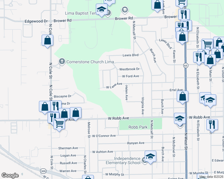 map of restaurants, bars, coffee shops, grocery stores, and more near 723 West Lane Avenue in Lima
