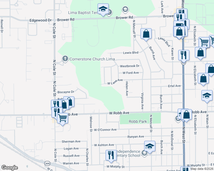 map of restaurants, bars, coffee shops, grocery stores, and more near 764 West Lane Avenue in Lima