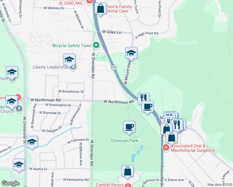 map of restaurants, bars, coffee shops, grocery stores, and more near 6126 North Northmoor Court in Peoria