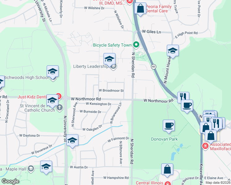 map of restaurants, bars, coffee shops, grocery stores, and more near 821 West Broadmoor Street in Peoria