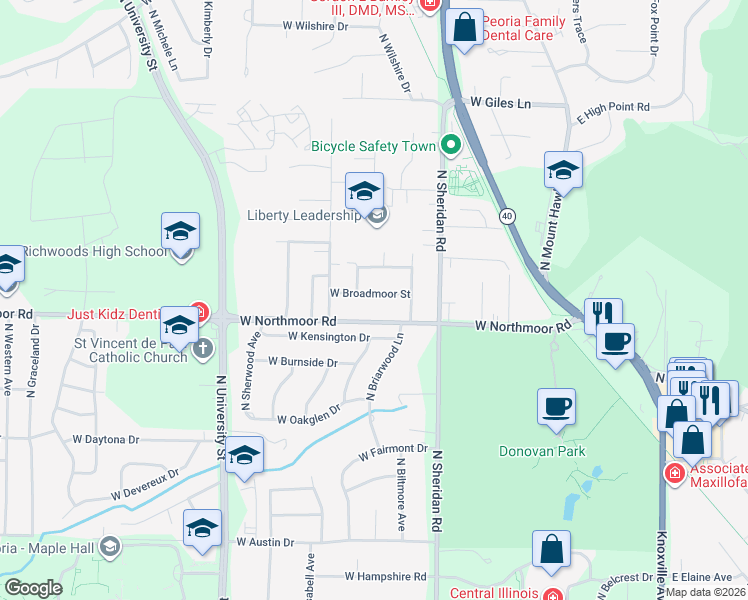 map of restaurants, bars, coffee shops, grocery stores, and more near 821 West Broadmoor Street in Peoria