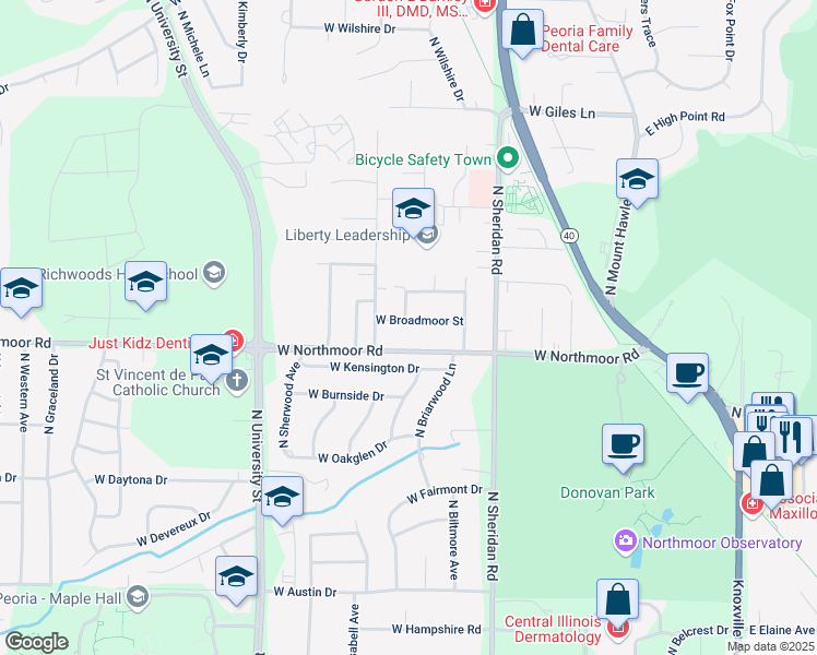 map of restaurants, bars, coffee shops, grocery stores, and more near 821 West Broadmoor Street in Peoria