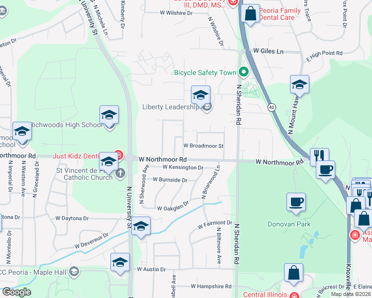map of restaurants, bars, coffee shops, grocery stores, and more near 921 W Broadmoor St in Peoria