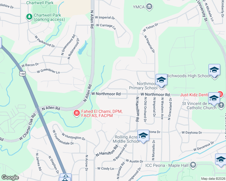 map of restaurants, bars, coffee shops, grocery stores, and more near 2241 West Warwick Drive in Peoria